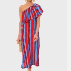 Tuckernuck Pomander Place Painterly Stripe Florencia Midi Dress One Shoulder